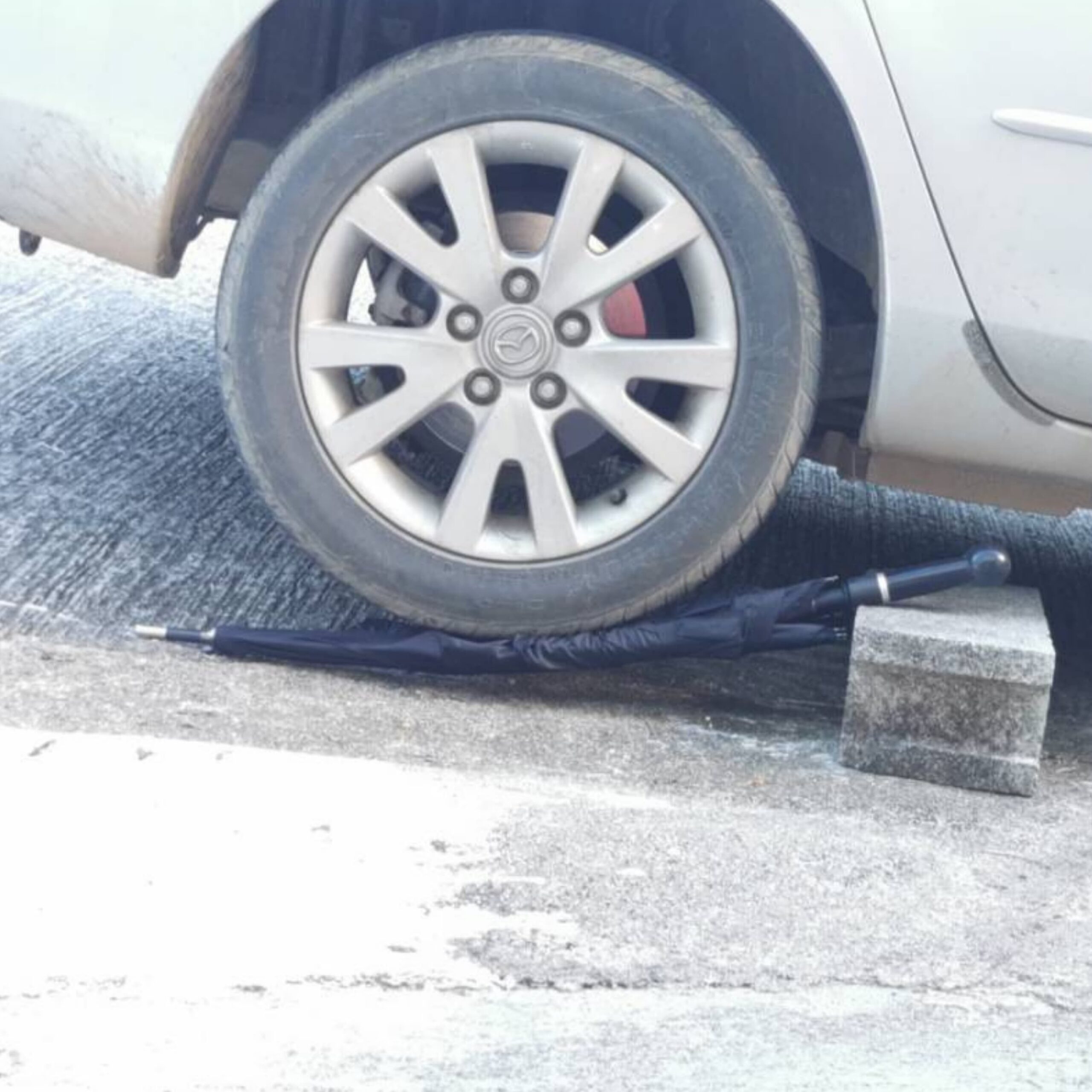 Den heftigen Belastungstest mit dem Auto hat der Sicherheitsschirm überstanden!