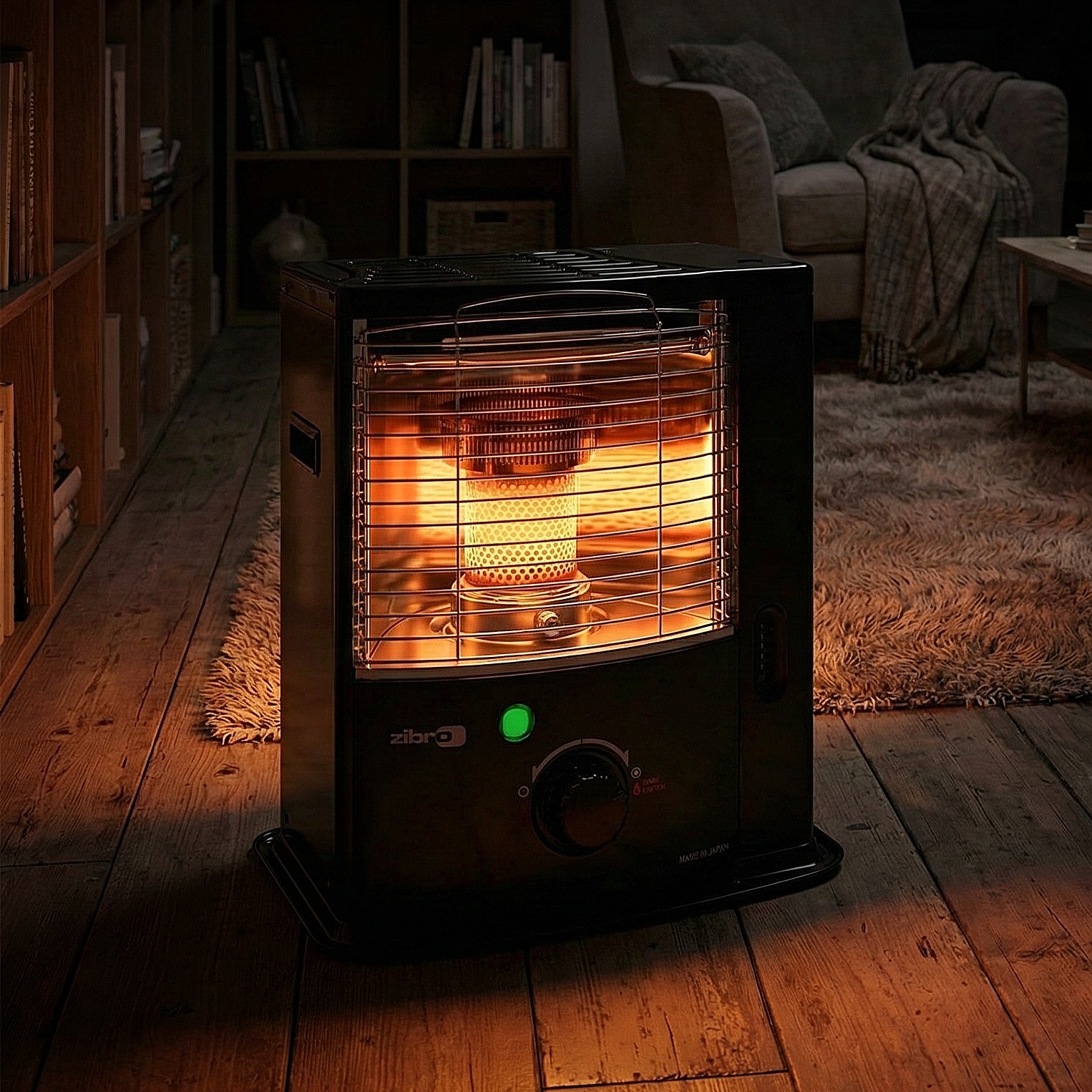 Zibro RS-4022 Petroleumofen brennend im Wohnzimmer, stromlose Heizung mit CO2-Wächter, Toyotomi Qualität.