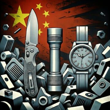 Symbolbild für die EDC-Evolution aus Fernost: Ein Arrangement aus präzise gefertigten Titan-Messern, modernen Taschenlampen und einer robusten Uhr, die den technologischen Wandel chinesischer Marken von der Massenfertigung hin zu eigenständiger Innovation und Premium-Qualität versinnbildlichen.