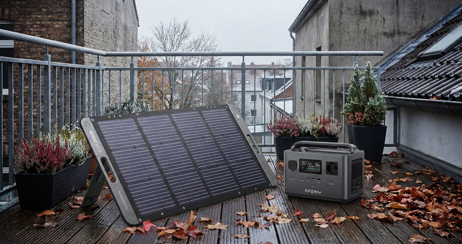 UGREEN 100W Solarpanel und AFERIY P040 Powerstation Balkon Setup